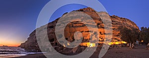 Sunset on the Matala beach, Crete, Greece.
