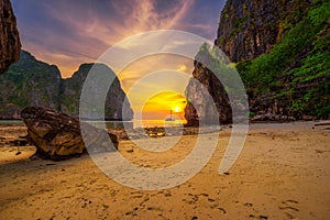 Sunset at the Maya beach on Koh Phi Phi island in Thailand