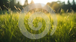 Sunset in the meadow with green grass, shallow depth of field