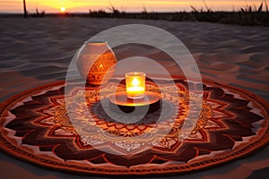 Sunset meditation place, mandala-shaped mat