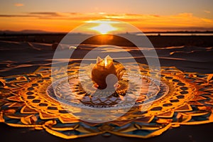 Sunset meditation place, mandala-shaped mat