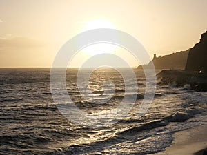 Sunset on the Mediterranean coast with a view of the Torre de Calaceite near Nerja Spain