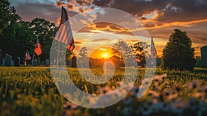 Sunset Memorial: American Flags on Veterans' Graves at National Cemetery - Generative AI Captured Tribute for Memorial Day