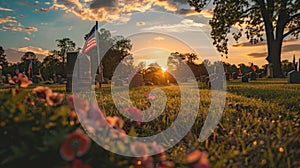 Sunset Memorial Day Tribute: American Flags on Veterans\' Graves at National Cemetery