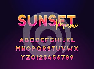 Sunset Miami lettering typography alphabet. Vector font for summer, night, clubbing events