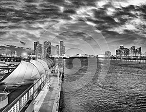 Sunset in Miami Port, Florida. View of the city from departing cruise ship