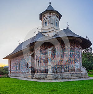 Sunset at the Moldovita monastery in Romania