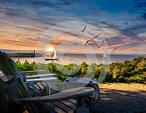 Sunset montage with sailboats flock of birds before the Saint Lawrence Seaway