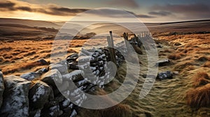 Sunset On The Moors With A Stone Wall: A National Geographic Photo In The Style Of David Mould