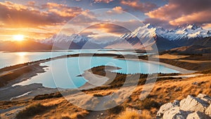 Sunset of Mount Cook and Lake Pukaki, This is the classic view of Mount Cook from Peter`s Lookout. New Zealand