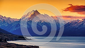 Sunset of Mount Cook and Lake Pukaki photo