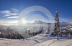 Sunset from mountain hut in skiresort Werfenweng over Tennen mountains