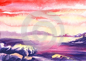 Sunset mountain lake, bright colors. Pink purple earth, Golden setting sun fabulous island late twilight. Hand drawn watercolor la