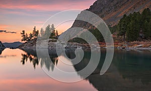 Sunset Mountain Lake With Pink Calm Waters, Altai Mountains Highland Nature Autumn Landscape Photo