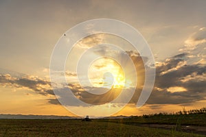 Sunset mountain range beautiful landscape mist, dusk golden time dramatic sky. Beautiful landscape high mountain ridge mist