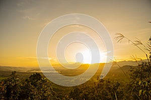 Sunset mountain range beautiful landscape mist, dusk golden time dramatic sky. Beautiful landscape high mountain ridge mist