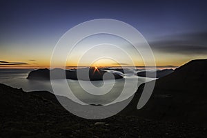 Sunset from mountain Sornfell, Vagar island in background, Faroe Islands, Denmark