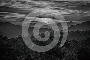 Sunset and mountain valley landscape