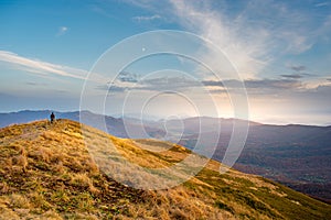 Sunset in the mountains. Carynska alpine meadow in Bieszczady Poland.