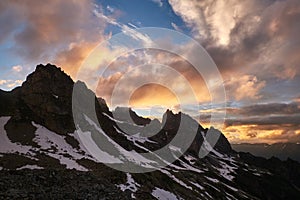 Sunset in the mountains. Caucasian Mountains in Karachay-Cherkerssia, Russia