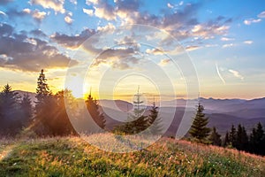 Sunset in the mountains, glade with green grass in the rays of the sun, the landscape in backlight