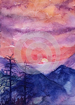 Sunset in the mountains, hand drawn watercolor illustration