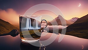 sunset in the mountains highly intricately detailed of beautiful sunrise on Kirkjufellsfoss waterfall landscape inside a tea cup