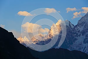 Sunset in the mountains Himalayas, Thamserku, Kantaiga, Nepal