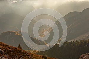 Sunset in the mountains,  Julian Alps with fog