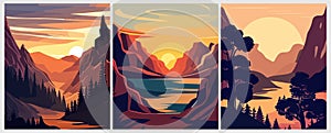 Sunset in Mountains landscape abstract art set.