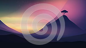 Sunset in the Mountains with a Lone Tree - Vector Illustration