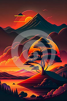 sunset in the mountains. A Majestic Sunset Over the Mountain Landscape illustration with tree cloud sun sky