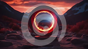 sunset in the mountains A portal to another dimension, with a cosmic scenery and a red fire ring