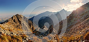 Sunset in mountains view from Lomnicke sedlo in High Tatras