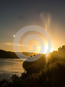 Sunset at the mouth of the Valdivia River, near the city of the same name, in the Region of the Rivers, in southern Chile