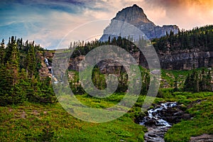 Sunset on Mt Oberlin and Falls on the Going-to-the-Sun Road, Glacier National Park, Montana photo