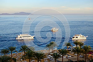 Sunset at Naama Bay, Red Sea and motor yachts