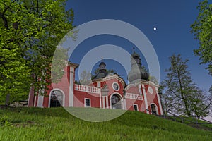 Sunset near old buildings in Banska Stiavnica town in spring evening