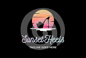 Sunset Night Moon with Sexy High Heels Silhouette for Bar Nightclub Dancer Strip Club Logo Design Vector