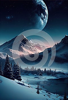 Sunset and night sky above abstract alpine mountain landscape with peaks covered by snow and clouds made with generative AI