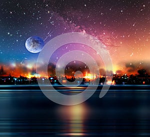 Sunset  at night ,starry sky nebula and big moon on sea on horizon city light blurred light 3 d illustration