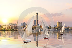 Sunset on the Nile and sailboats, Cairo, Egypt