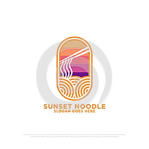 sunset noodle logo design vector, outline food and beverages vector illustration, nature outdoor cafe shop logo template