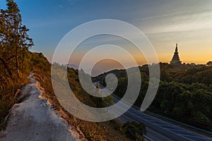 sunset between Noppamethanedol and Noppapol Phumsiri pagoda on Doi Inthanon national park