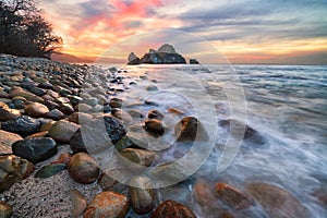 Sunset Ocean Rugged Beach Shoreline Seascape Landscape Sunrise Sea Rocks Island Scenic