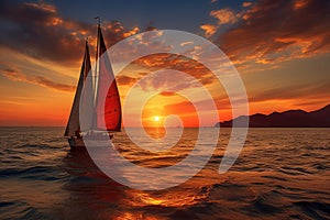 Sunset on the ocean with sailing yachts on the horizon