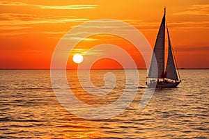 Sunset on the ocean with sailing yachts on the horizon