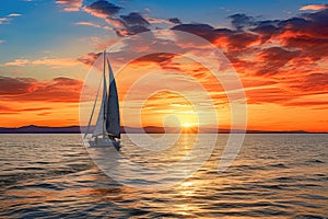 Sunset on the ocean with sailing yachts on the horizon