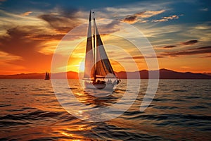 Sunset on the ocean with sailing yachts on the horizon