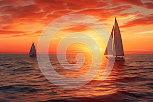 Sunset on the ocean with sailing yachts on the horizon